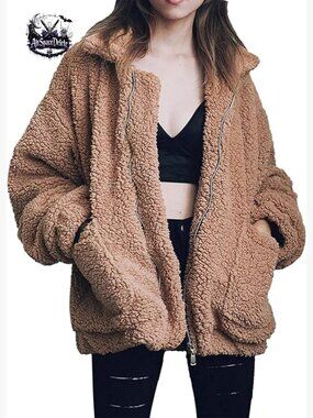 Oversized Faux Fur Fleece Jacket Lapel Zipper Winter Coat Warm